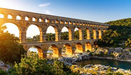 Fototapeta premium Ancient Aqueduct in France at Sunset with Arches and Reflection on the water