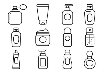 Cosmetic bottles thin line icon set. Beauty product packaging collection. Vector outline signs for skincare, shampoo, cream, perfume, gel, lotion, spray, and deodorant.
