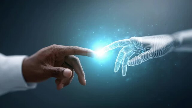 Human robot handshake representing digital transformation, technological synergy with glowing connection spark signaling artificial intelligence collaboration