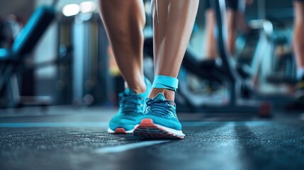 Athlete with injured ankle wrapped in medical tape during workout, sports injury treatment and recovery concept, fitness and healthcare theme.
