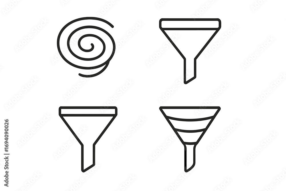 Poster filter and funnel line icon set. vector symbols for data processing, sales funnel, and conversion op