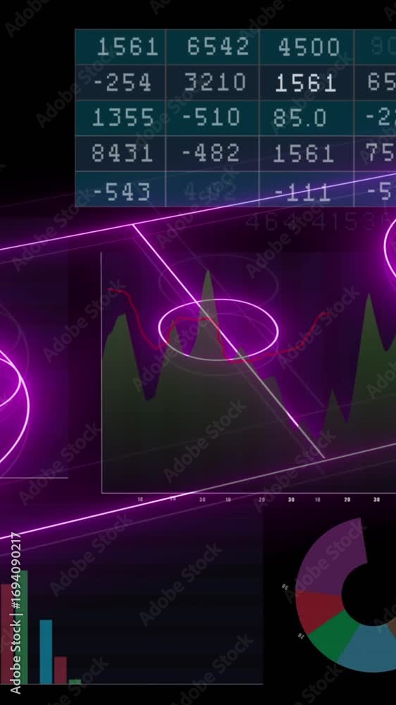 Aufkleber animation of computer graphic 3d neon soccer field over data, graphs, charts on digital interface