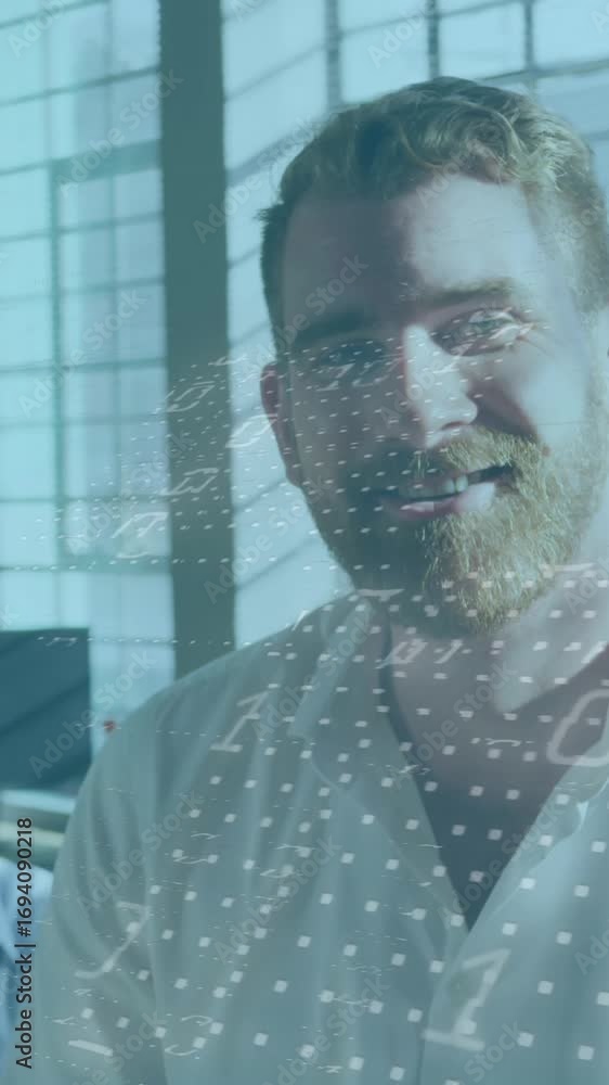 Poster animation of data processing against portrait of caucasian man smiling at office