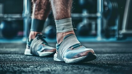 Athlete with injured ankle wrapped in medical tape during workout, sports injury treatment and recovery concept, fitness and healthcare theme.
