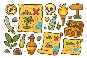 Pirate adventure icon set with treasure map and chest. Vector cartoon illustration of fantasy elements like skull, compass, sword, and gold for a treasure hunt game.