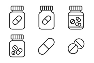 Pills bottle and capsule line icon set. Medicine, drug, tablet, and vitamin symbols. Pharmacy and healthcare concept. Medical prescription illustration. Editable stroke vector.