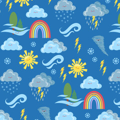 Cute seamless weather pattern with sun, clouds, rainbow, storm, wind, trees and fog. Vector Illustrations. Blue Background