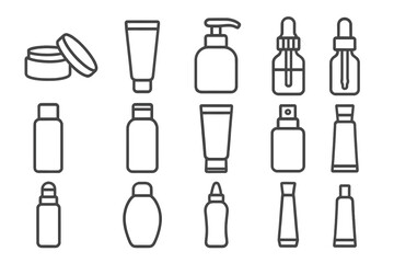 Cosmetic packaging line icon set. Skincare beauty product container collection. Cream tube, lotion pump, serum dropper, spray bottle vector outline symbols. Editable stroke.