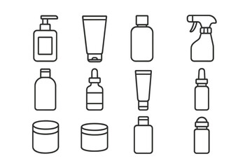 Cosmetic bottle and container line icon set. Skincare and beauty product packaging symbols. Vector outline illustration with editable stroke for web design and UI. Dropper, tube, jar.