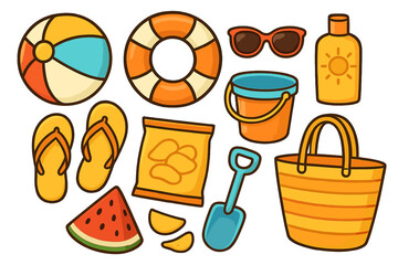 Summer beach day essentials set. Vector cartoon collection of holiday items for fun vacation activities. Includes beach bag, ball, lifebuoy, sunscreen, and snacks.
