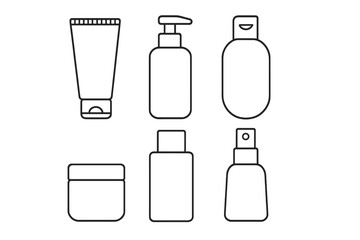 Cosmetic container outline icon set. Vector linear collection of beauty product packaging. Skincare line art symbols for cream tube, lotion pump, shampoo, spray, jar, dispenser.