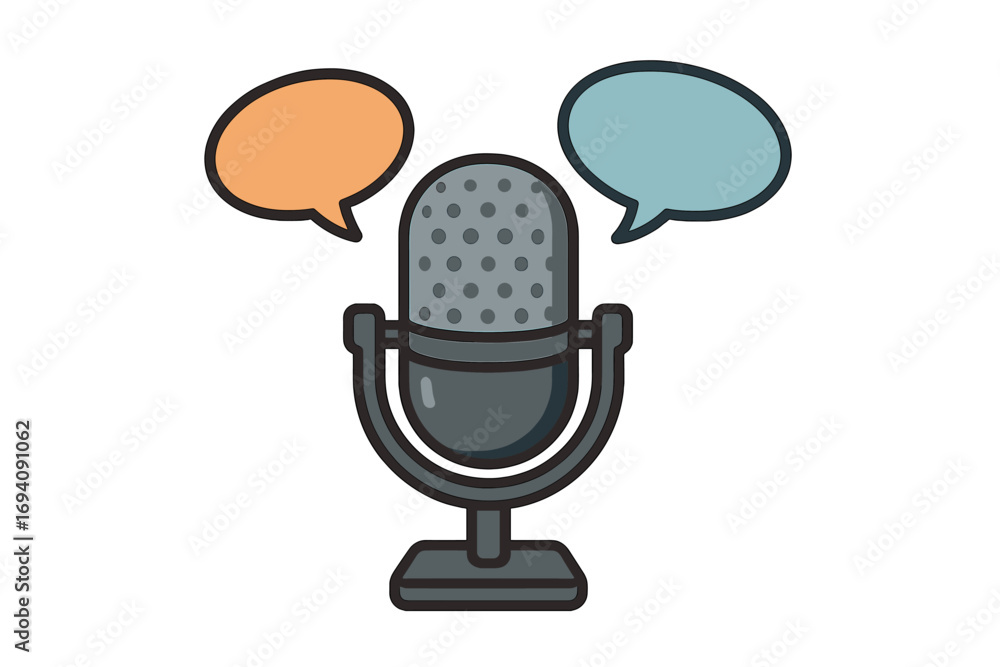 Poster podcast microphone vector icon with speech bubbles. concept for interview, debate, or dialogue. comm