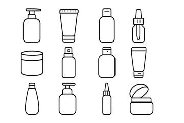 Cosmetic container line icon collection. Skincare and beauty product packaging. Simple outline vector symbols. Isolated bottle, jar, tube, dispenser, pump, spray, dropper.