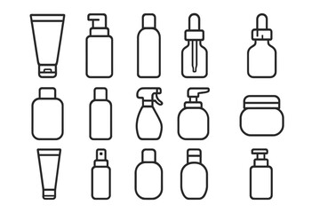 Cosmetic bottle line icon set. Skincare packaging collection. Beauty product container outline symbols. Vector lotion, cream, serum, spray, tube, pump, jar editable stroke.