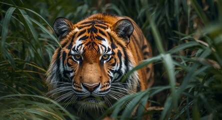 Fototapeta premium Intense Gaze Amidst Verdant Foliage, A Portrait of Wildness in Natural Hues.