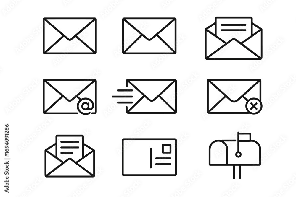 Poster mail and envelope line icon set. vector symbols for email, post, and communication. outline graphic 