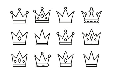 Crown line icon set. Royal king, queen, prince, and princess tiara collection. Luxury, jewelry, power and monarchy symbols. Outline vector icons for web, logo, and game design.