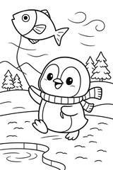 Cute penguin with a fish kite in a winter landscape illustration