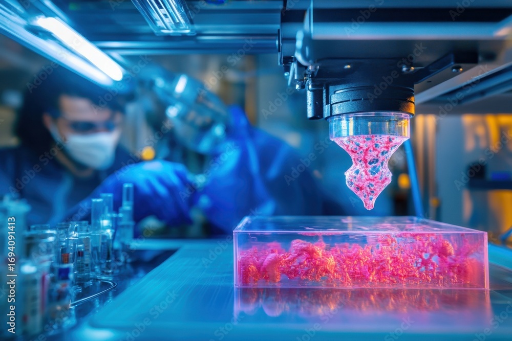 Poster advanced 3d bioprinting process in a laboratory setting with colorful bioink