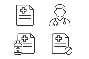 Doctor prescription and medical diagnosis line icons. Healthcare, pharmacy, medicine concept. Patient file, pill bottle, rejected treatment and physician vector symbols collection.