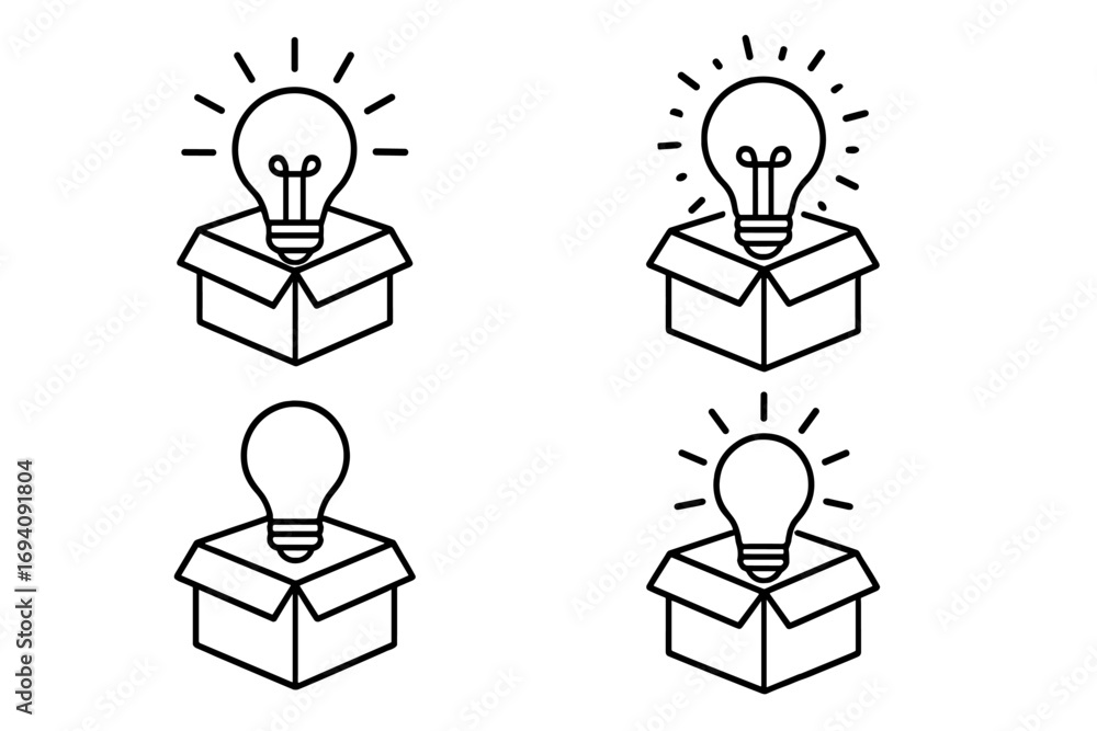 Poster thinking outside the box line icon bundle. light bulb idea from a package metaphor. creative solutio