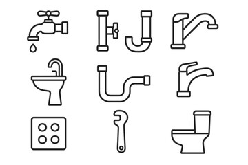 Plumbing service icon set. Line icons of faucet, pipes, bathroom, toilet. Minimalistic linear pictogram for web design. Sanitary engineering vector symbols collection.