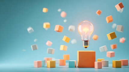 グラデーションの空を背景に浮かぶ幾何学的な形に囲まれた光る電球。