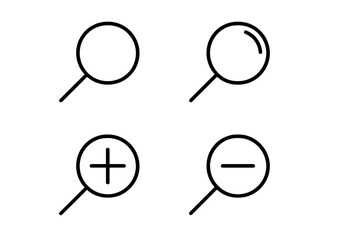 Magnifying glass line icon set. Search, find, zoom in and out symbols. Minimal pictogram collection for web design, UI, UX, and apps. Vector outline illustration for interface.