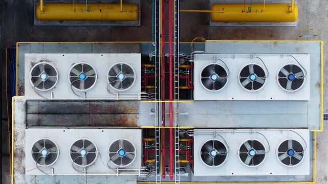 An aerial view of a large industrial condensing unit, part of a factory's cooling system. The powerful machinery represents modern engineering and efficiency in manufacturing and industrial processes.