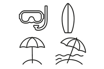 Beach life icon set. Summer vacation line icons collection. Diving mask, surfboard, sun umbrella, sea waves outline symbols for graphic design. Travel and leisure vector pack.