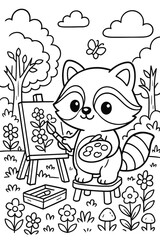 Cute raccoon painting flowers on canvas in a whimsical outdoor scene