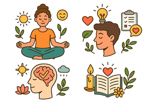 Mindfulness and mental health concept. Meditation, self-care, positive thinking icons. Personal development, emotional wellbeing, psychology resources vector illustration set.