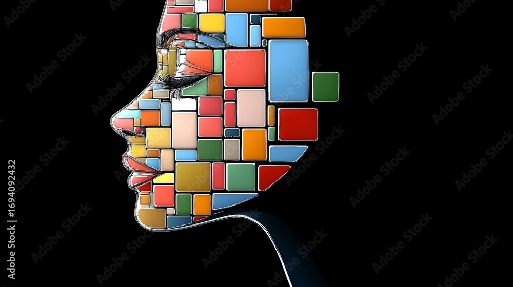 Poster abstract ai portrait a colorful mosaic of geometric tiles creating a data-driven feminine profile