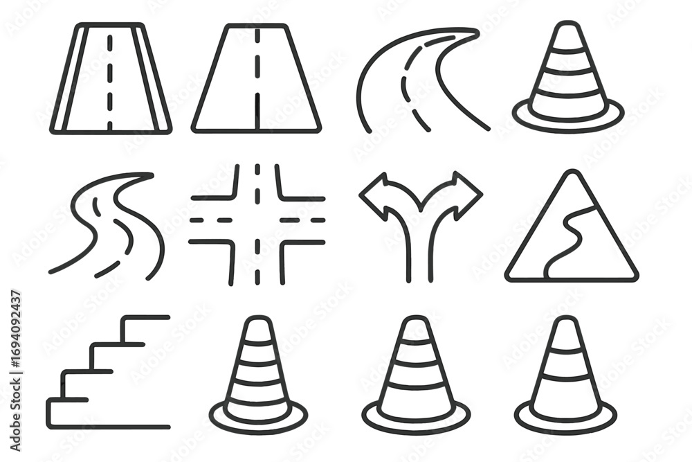 Poster road and traffic line icon set. vector symbols for navigation, journey, and direction. includes high