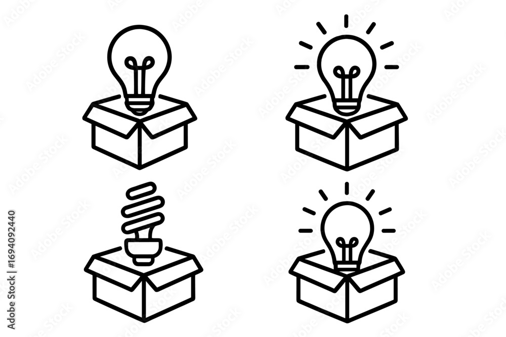 Poster light bulb in a box icon set. thinking outside the box metaphor. vector line icons for creativity, i