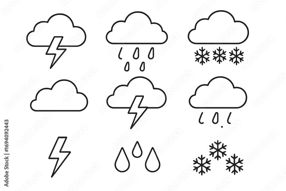 Poster weather line icon set. meteorology symbols pack. thin line icons for web and mobile app design. rain
