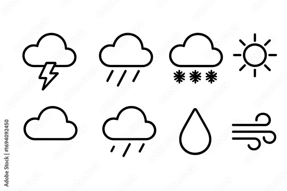 Poster weather line icon pack. meteorology forecast outline symbol collection. simple linear icons for sun,