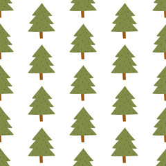 Pattern of triangular pyramids of Christmas trees, bright green. Trees in the forest. Flat colored seamless texture. Natural forest motifs. Design for picnic, camping, and forest walks