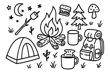 Camping doodle icon set with bonfire elements. Hand-drawn outline cartoon style. Vector illustration of a tent, backpack, campfire, marshmallow. Outdoor adventure and travel.