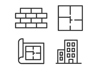 Architecture and construction line icon set. Building engineering and real estate symbols. Vector outline icons of blueprint, floor plan, brick wall, and city property.
