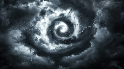 Stormy sky vortex, lightning, ominous clouds, weather disaster backdrop