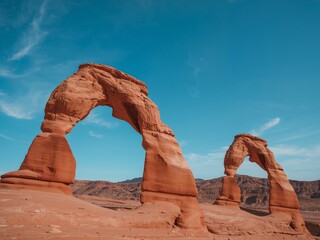 Rocky Forms, Desert Landscape with Arches and a Blue Sky, Creating a Sense of Wonder.
