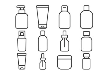 Cosmetic container icon set. Beauty product packaging line art collection. Vector bottle, tube, jar, pump, dropper symbols. Editable stroke for skincare template.