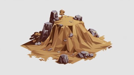 Isometric illustration of a rocky hilltop landscape.