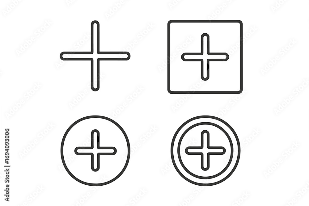 Poster plus icon set add sign collection. thin line outline vector graphic symbols. positive more button fo