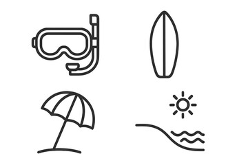 Beach life thin line icon set. Summer holiday symbols. Outline icons for vacation and travel concepts. Vector diving mask, surfboard, umbrella, sun and sea. Graphic elements.