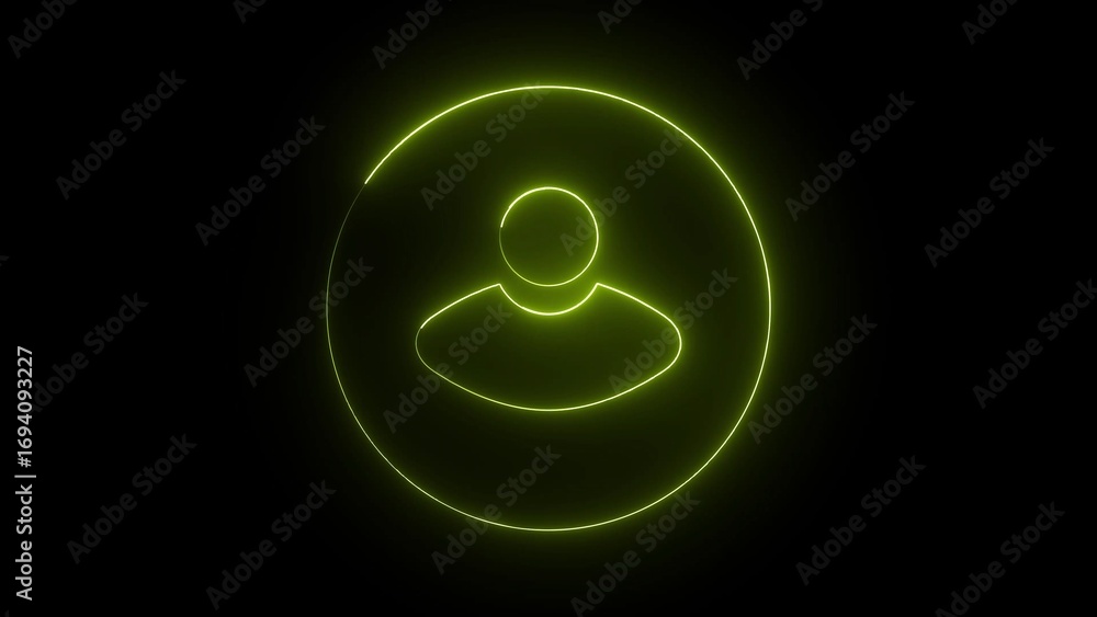 Poster yellow neon outline of a person icon within a circle on a black background user profile