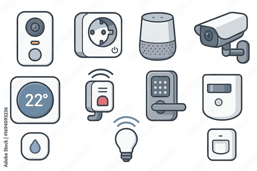 Poster smart home device icon set. iot technology vector collection for home automation system. outline ico