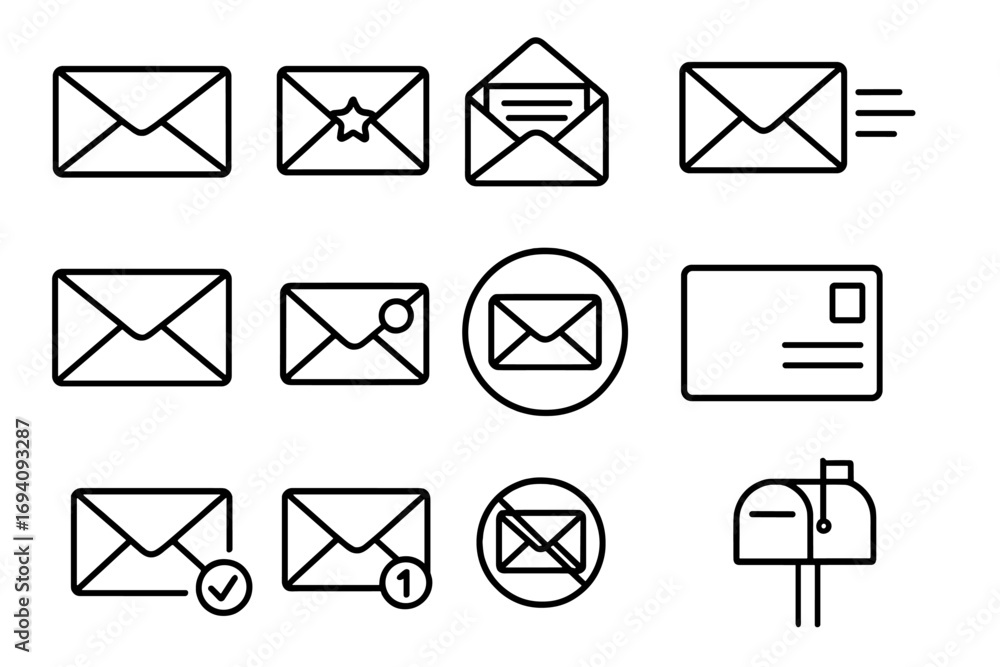 Poster mail envelope thin line icon set. post, email message pictogram collection. outline web communicatio