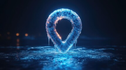 Frozen glowing location pin on icy surface at night